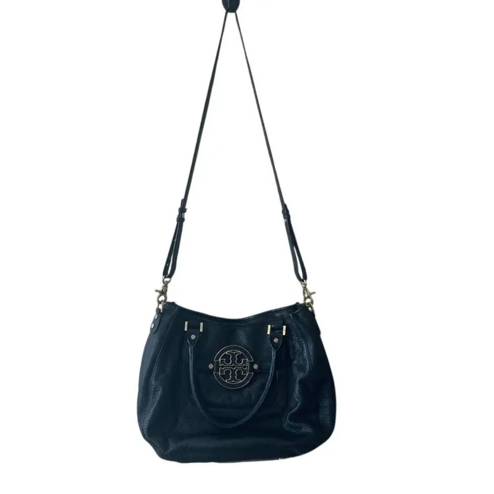 Tory Burch Amanda Slouchy Hobo Black Pebbled Leather‎ Gold Logo